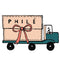 Illustration of a truck with a box labeled 'PHILE' and a bow on a white background