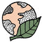 Illustration of a leaf with a stylized globe inside on a white background