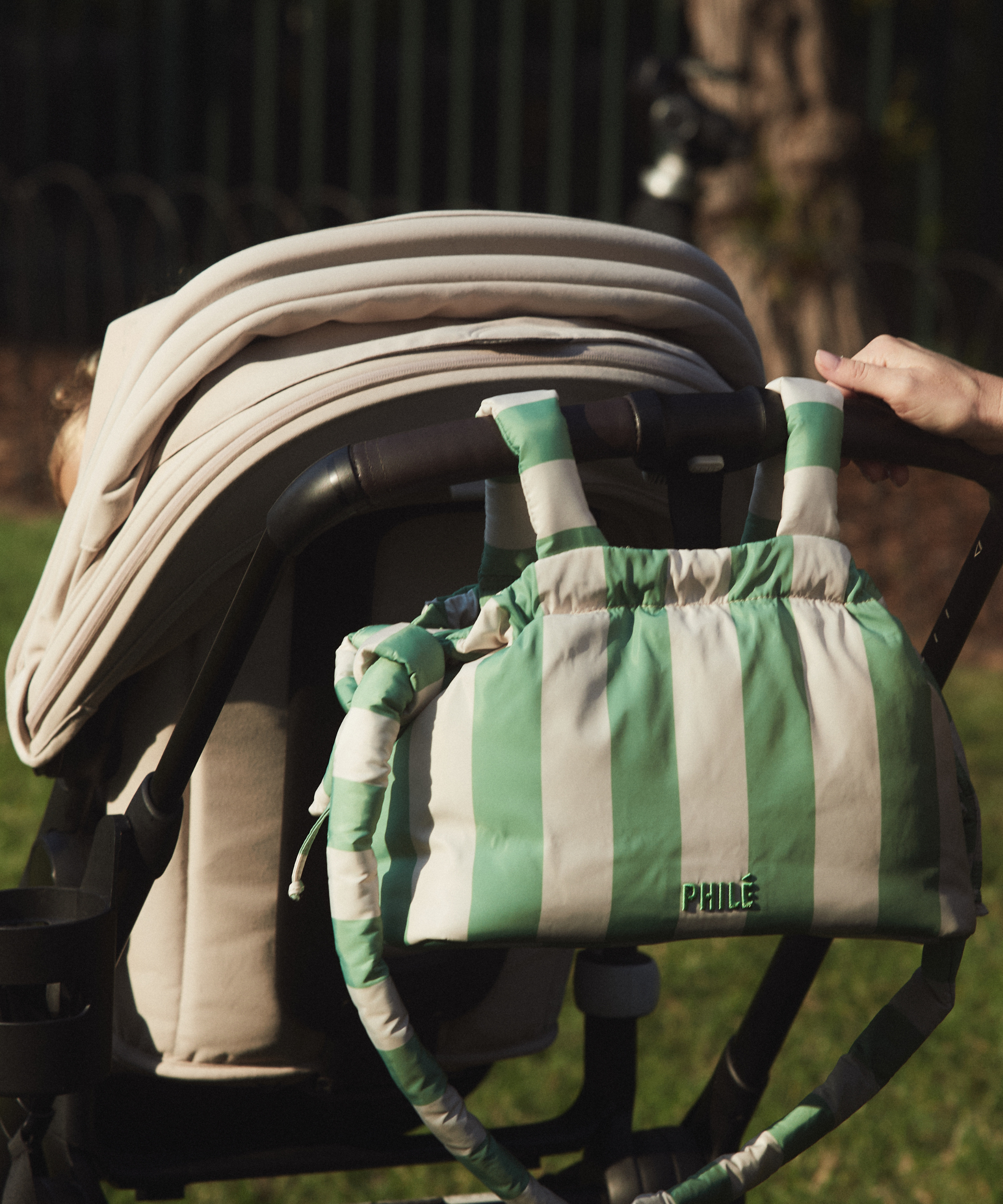 Pram Caddy - Green Stripe